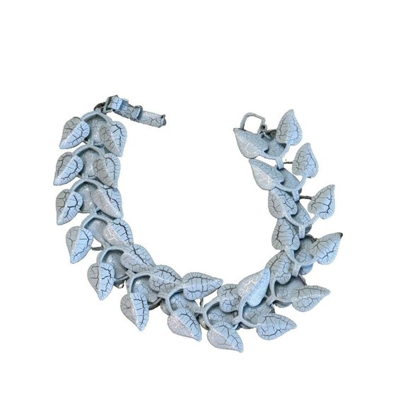 Unbranded Jewelry - Vintage 1950's Blue and Silver Veined Enameled Articulated Leaf Bracele 7"